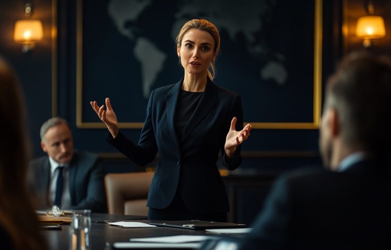 Female VP Business Development presenting a competitive tender to a corporate procurement panel — confident, composed posture, presentation screen visible, executive boardroom setting with navy and gold tones