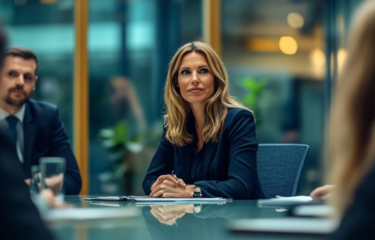 Senior account director presenting a structured win-back proposal to a client team in a glass-walled boardroom, navy and gold branding tones, editorial photography style
