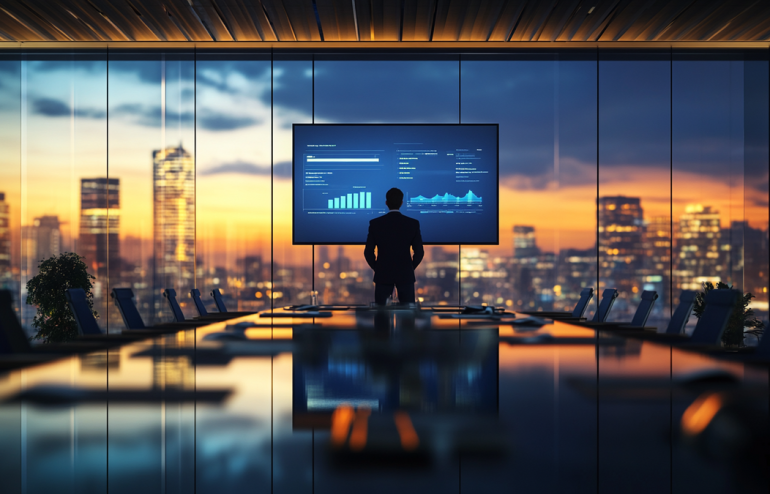 Executive compliance presentation to a corporate board in a glass-walled boardroom with navy and gold accent lighting