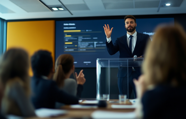 Executive at a podium handling a complex multi-part question from the audience during a corporate presentation Q&A session