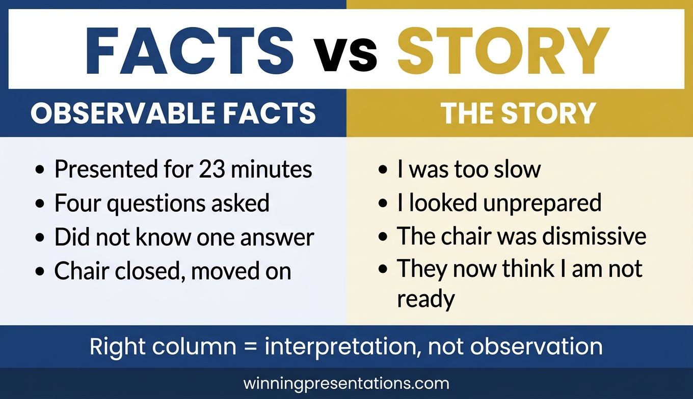 Two-column exercise showing observable facts from a presentation on the left versus the interpretation and story being told on the right, separating what actually happened from what the mind is adding on top