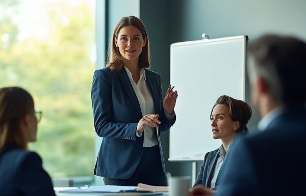 A female executive standing confidently at a whiteboard presenting to a small team in a bright corporate meeting room, composed and authoritative, editorial photography style