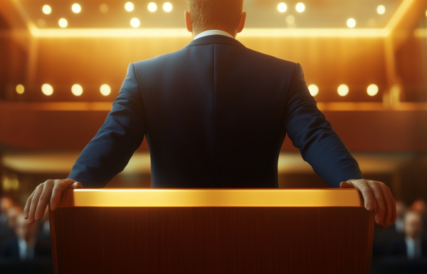 Professional standing composed at podium moments before a high-stakes presentation
