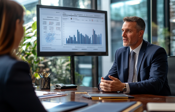 Executive preparing a contract renewal presentation deck in a client-facing conference room