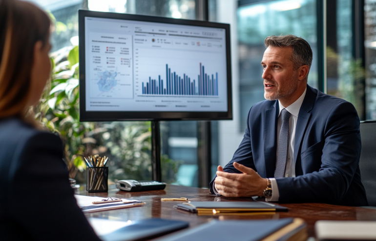 Executive preparing a contract renewal presentation deck in a client-facing conference room