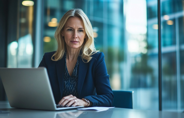 Professional woman in a navy blazer typing on a laptop at a glass-walled office.