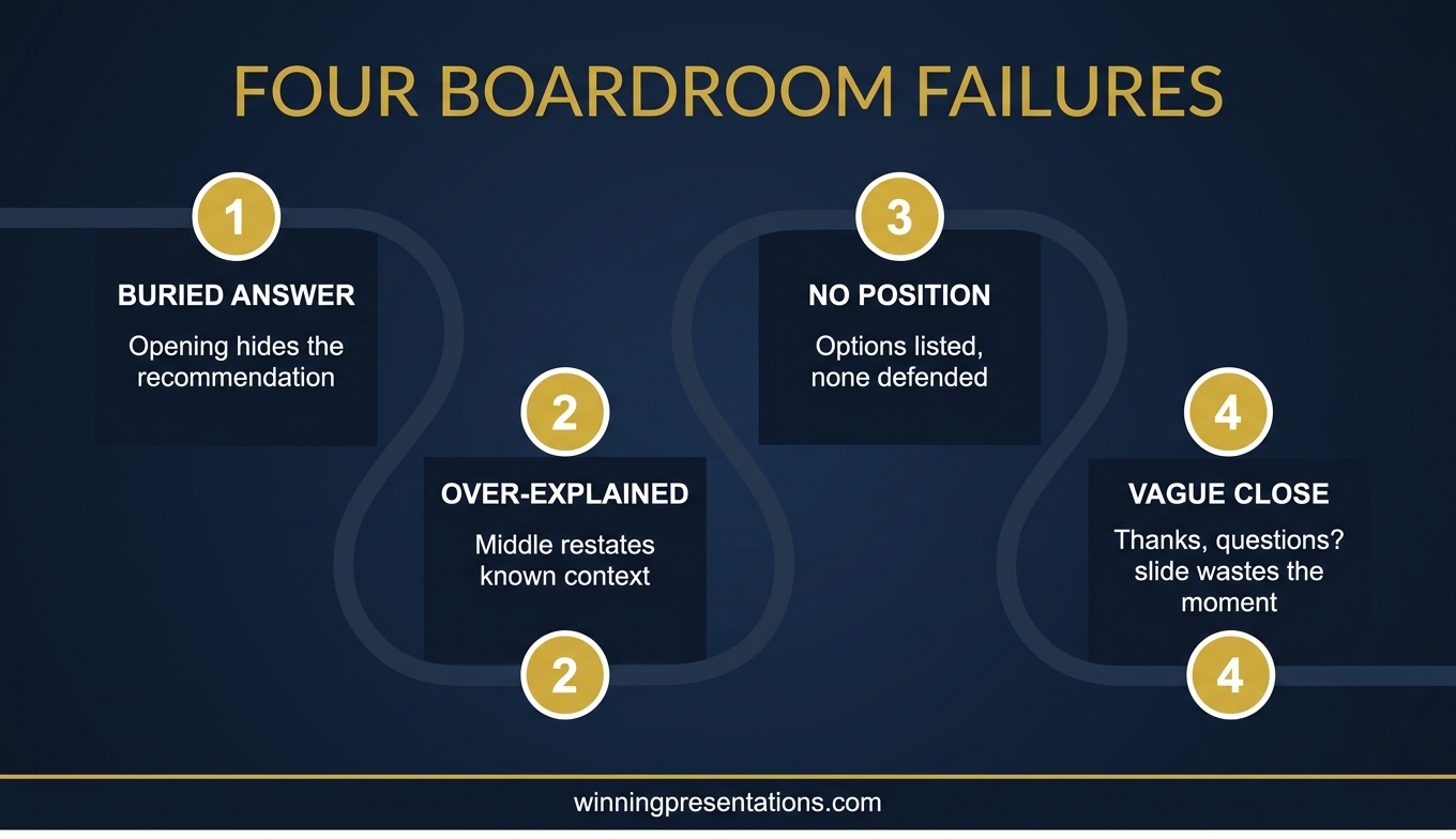 Four boardroom failures of Copilot first drafts: buried answer, over-explained context, undefended recommendation, vague close