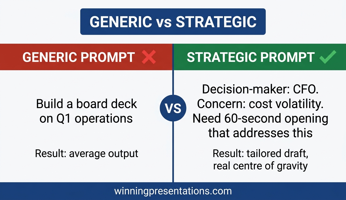 Before and after comparison of Copilot board deck drafts showing how strategic context in the prompt changes the output quality