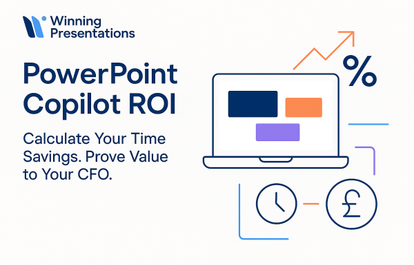 Hero image showing PowerPoint Copilot ROI calculation and time savings concept