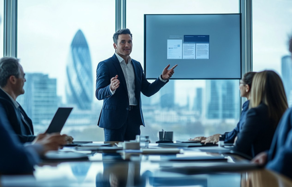 Business presenter in a navy suit explains slides on a wall-mounted screen to a conference room.