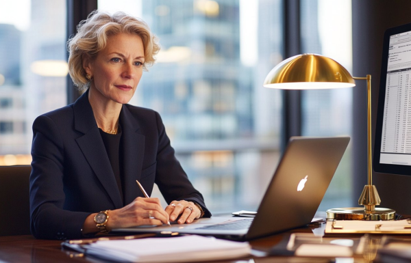 Professional woman in a blazer writes notes at a wooden desk with a laptop and large monitor nearby.