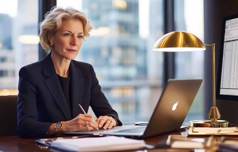 Professional woman in a blazer writes notes at a wooden desk with a laptop and large monitor nearby.