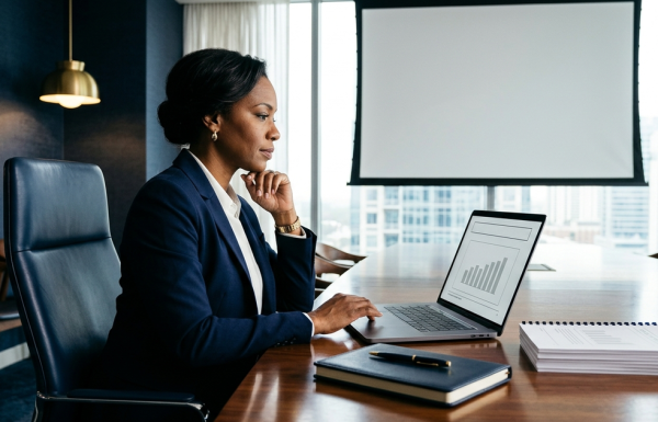 Copilot prompts for board presentations — executive boardroom editorial photograph, navy and gold tones
