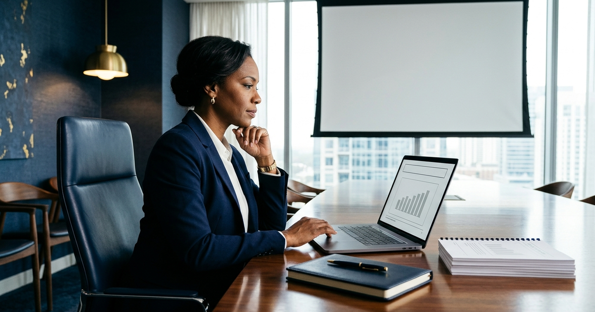 Senior executive at a polished boardroom table reviewing a Copilot-drafted slide on a laptop, navy and gold editorial photography, calm focus before a board meeting