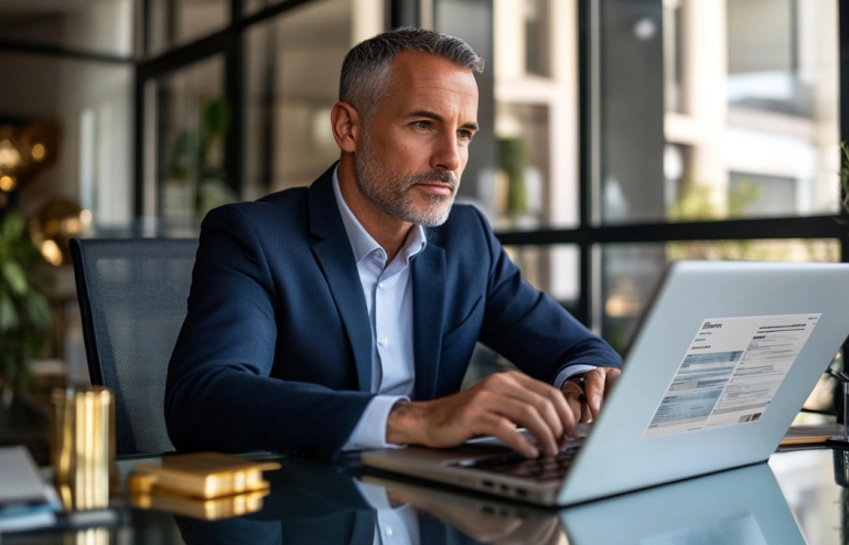 Male executive reviewing AI-generated PowerPoint slides on a laptop, focused expression, Copilot interface visible, navy suit, gold accents