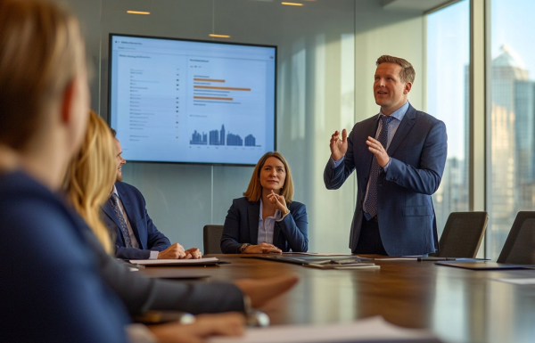Presenter in a blue suit explains charts to colleagues in a glass-walled conference room with a screen showing data visuals.