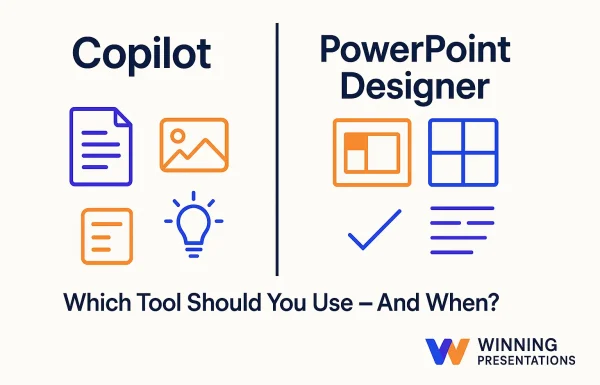 copilot vs powerpoint designer comparison graphic showing content creation vs layout tools
