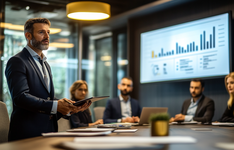 Finance executive presenting a strategic cost reduction plan to the executive committee in a corporate setting, professional editorial photography