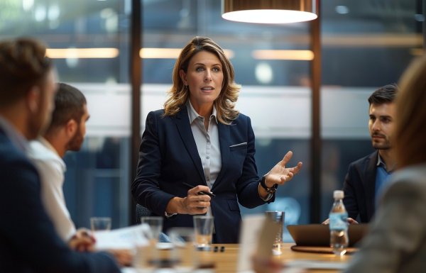 Executive presenting difficult news to team in boardroom with empathetic body language