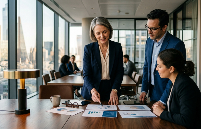 Three professionals review charts on a conference table in a bright office with city views outside the windows.