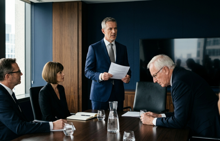 Business meeting: man in a blue suit stands at the head of a conference table delivering a presentation to colleagues in a boardroom.