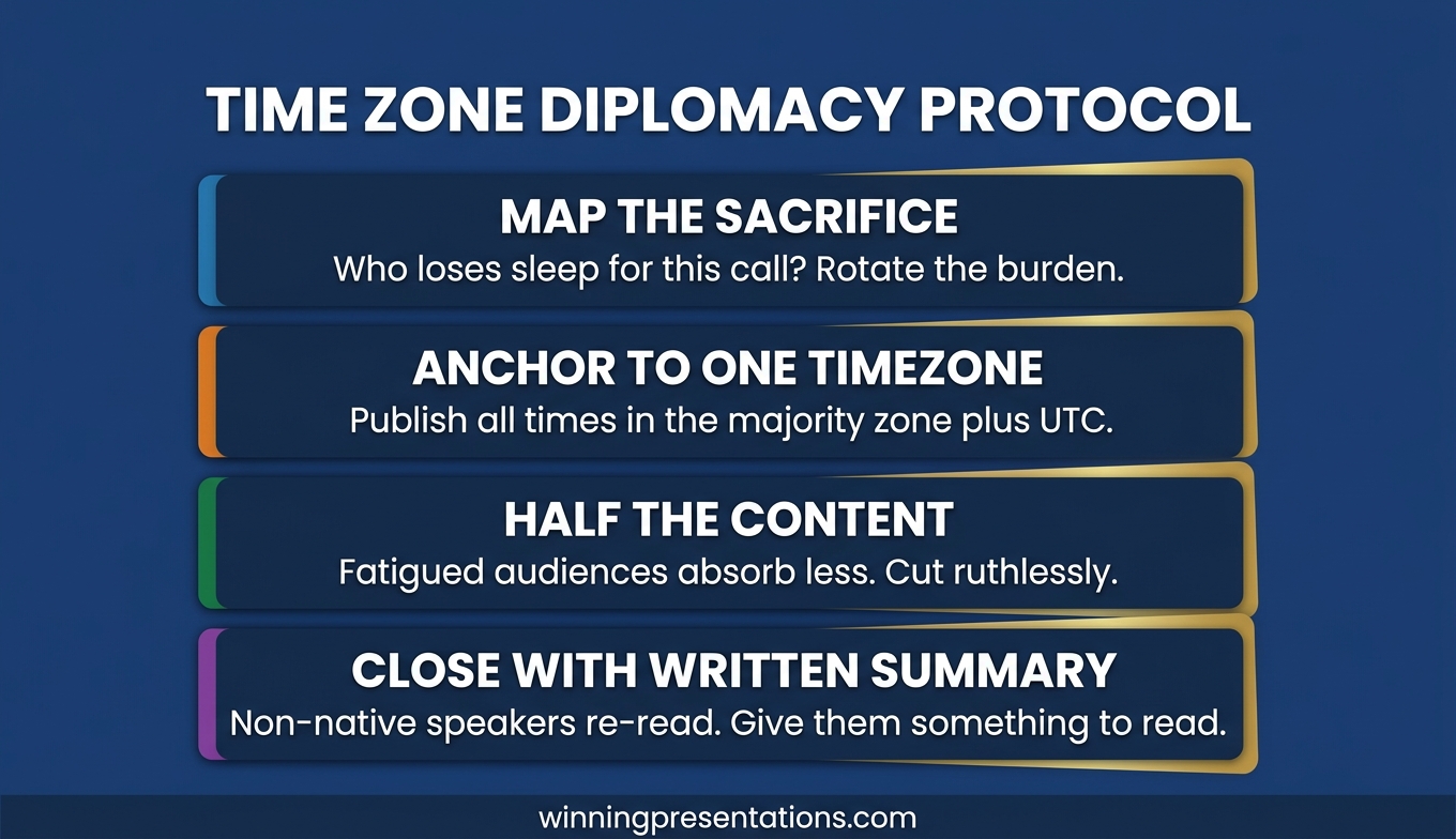 Time zone diplomacy framework for cross-cultural virtual presentations showing rotation principle, explicit acknowledgement, recording protocol, and three-zone rule applied across London, Frankfurt, Hong Kong, and Boston