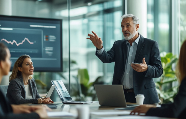 Senior professional man gesturing while explaining data on a presentation screen to colleagues from different departments in a modern glass-walled meeting room