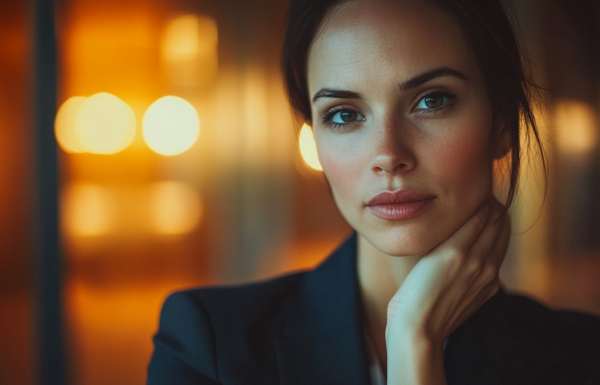 Professional woman experiencing emotional moment during presentation, showing vulnerability and composure