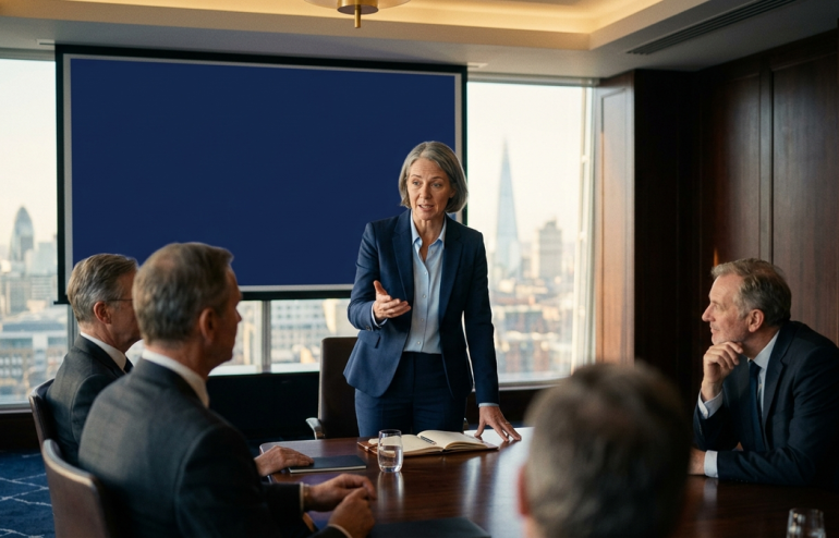 Businesswoman in a navy suit standing and presenting to colleagues around a conference table with a city skyline view and blue presentation screen behind her.