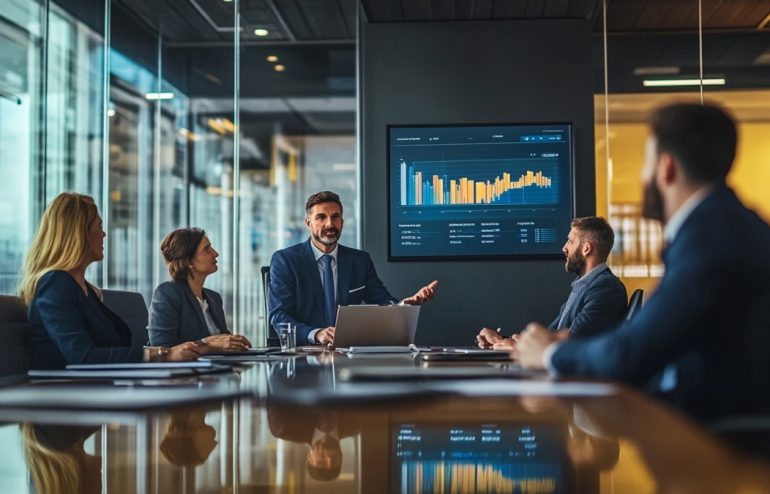 Male finance director presenting a live dashboard to senior executive team in a corporate boardroom, data screens visible behind him, navy and gold tones