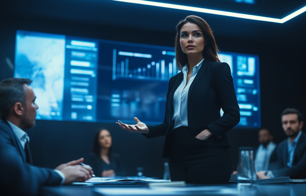 Chief Communications Officer presenting to a board of directors in a crisis briefing room, calm and authoritative expression, slides on screen showing incident timeline