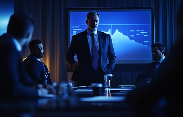 Crisis boardroom briefing setting with urgent presentation slides on screen during a data breach response