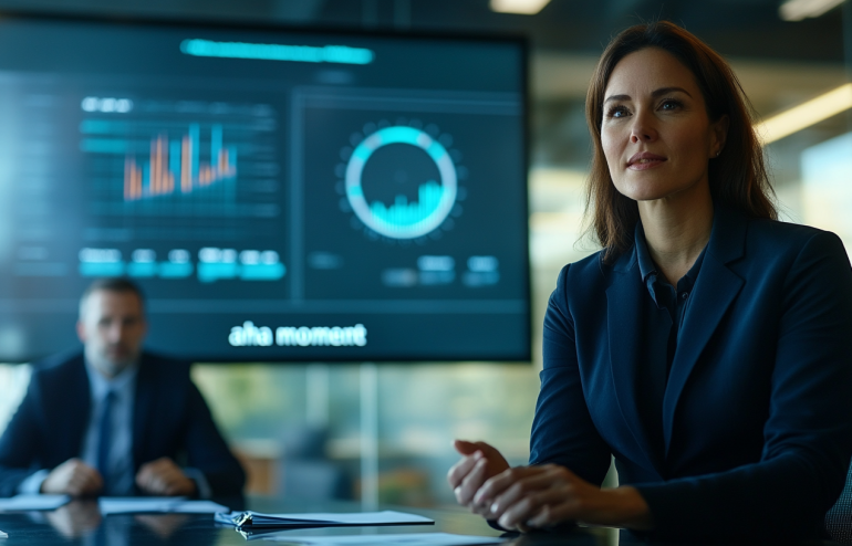 Executive woman presenting data to leadership in boardroom with dashboard charts on screen behind her