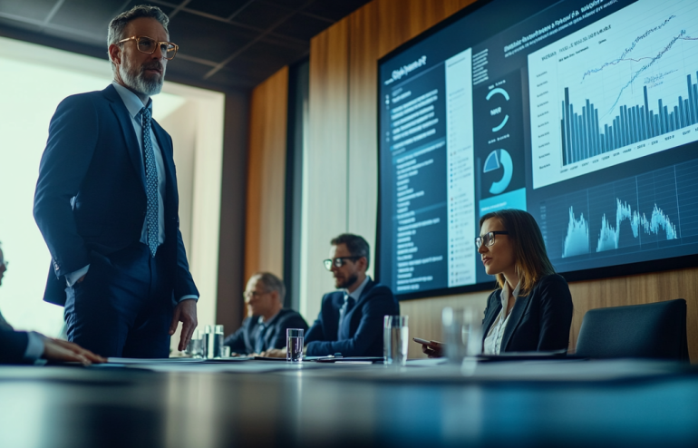 Executive confidently responding to data questions during a board presentation with financial charts visible on screen, editorial photography