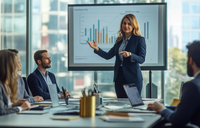 Businesswoman presenting data on a screen to colleagues in a modern conference room.