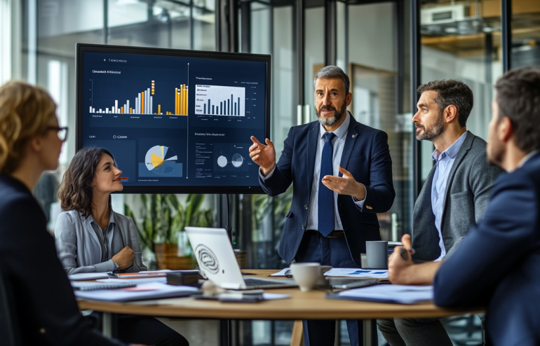 Executive delivering a concise department update presentation to leadership in a modern meeting room