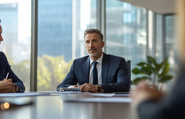 Middle-aged man in a navy suit sits at a conference table during a business meeting with others nearby.