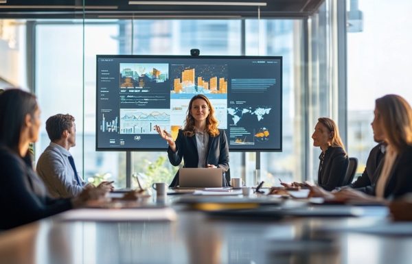 Female chief digital officer presenting a digital transformation investment case to a board of directors in a glass-walled boardroom