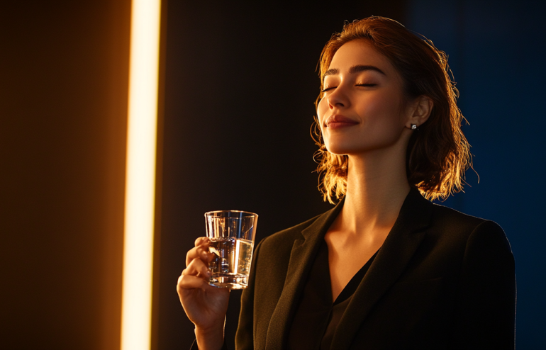 Executive preparing backstage before presentation with water glass and calm breathing technique