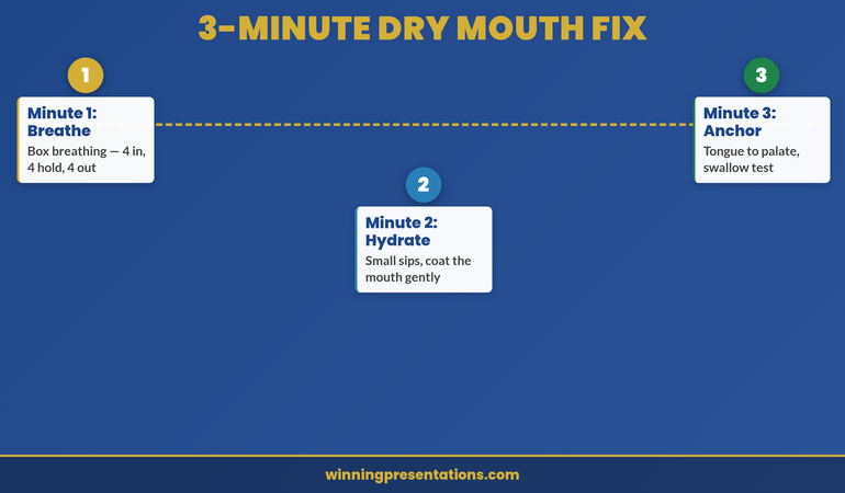 Timeline showing the 3-minute protocol: minute 1 box breathing, minute 2 hydration, minute 3 mental anchor