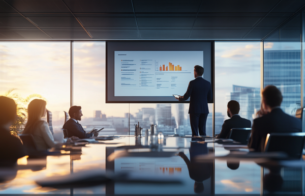 Executive presenting due diligence slides to an acquisition committee in a modern boardroom, navy and gold accents