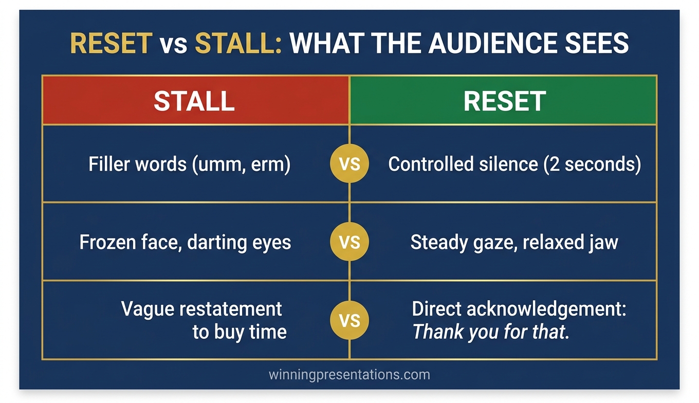 Reset versus stalling comparison table showing behavioural markers of a composed micro-reset against the audience-visible signals of a panicked stall