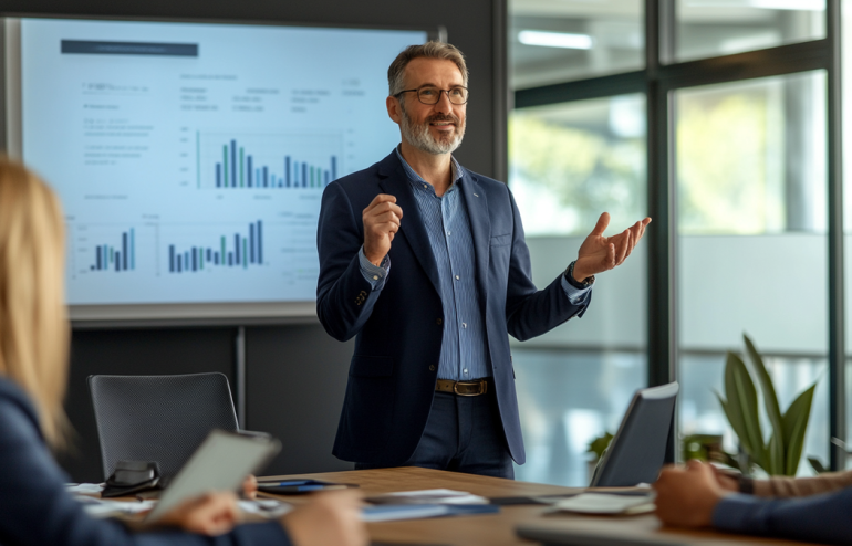 Executive answering a question confidently in a boardroom with a data dashboard visible on screen behind them showing charts and metrics that support their verbal response, navy and gold corporate aesthetic