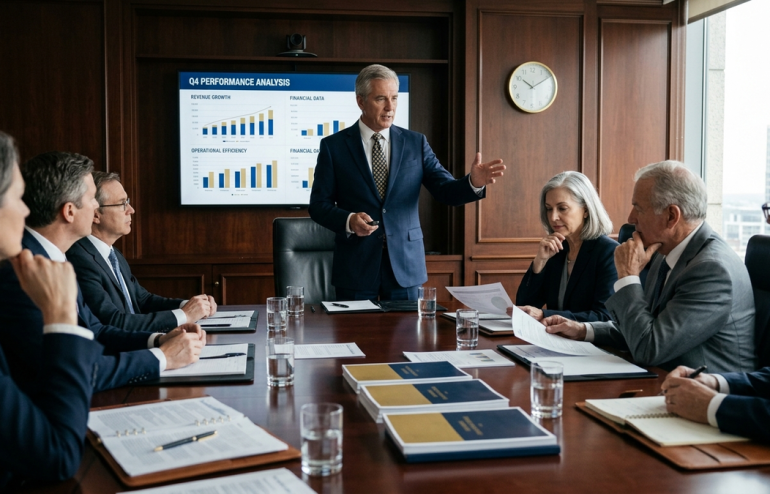 Man in a suit presenting quarterly performance charts to a board of executives around a wooden conference table.