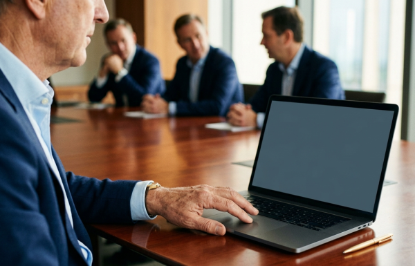 Close-up of a man in a blue suit typing on a laptop at a boardroom table with colleagues blurred in the background.