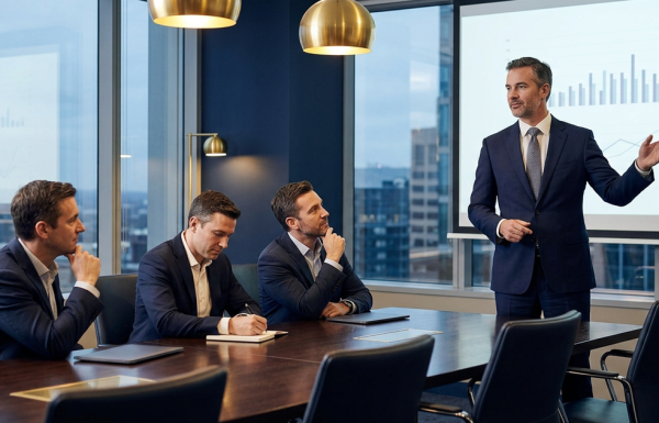 Executive buy in masterclass online — executive boardroom editorial photograph, navy and gold tones