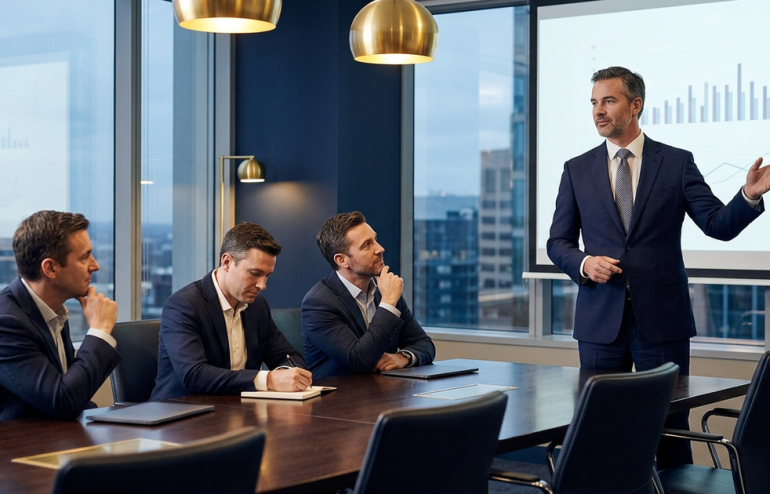 Executive buy in masterclass online — executive boardroom editorial photograph, navy and gold tones