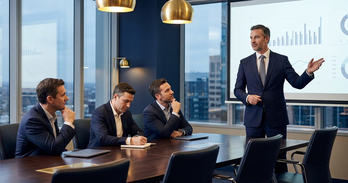 Senior executive presenting a buy-in case to an attentive board, navy and gold editorial photography, calm authority at the head of the table
