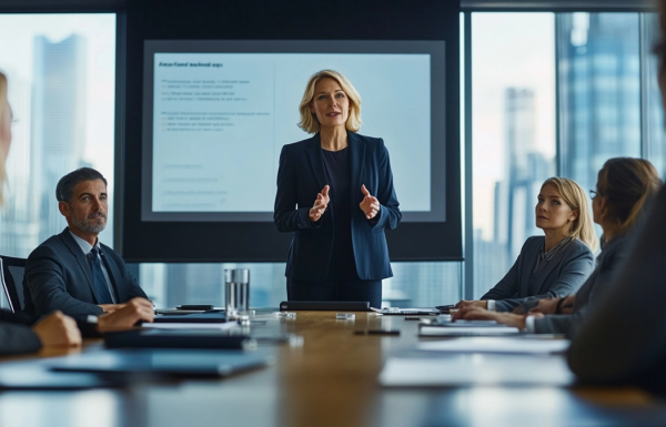 Senior female executive presenting at head of boardroom table to four board members, city skyline visible, navy attire
