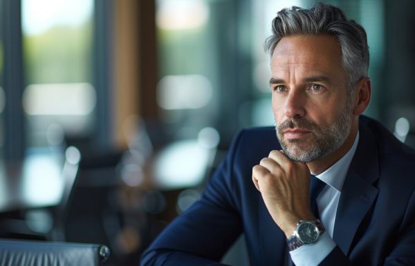 Senior executive in thoughtful pose considering a business decision in modern corporate office